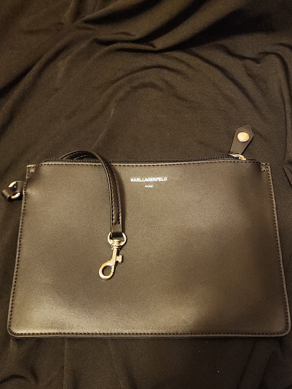 Karl Lagerfeld Black Leather Wristlet Clutch with Silver Hardware